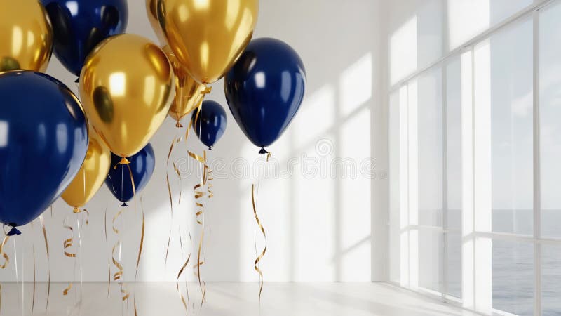 Elégant or et Bleu Balloons dans la chambre minimaliste éclairée au soleil pour la décoration de fête Génération AI illustration de vecteur