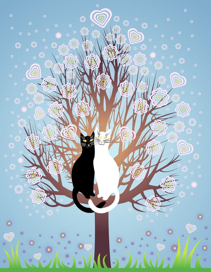 Em gatos do amor em uma árvore de florescência ilustração do vetor Em gatos do amor em uma árvore de florescência ilustração do vetor