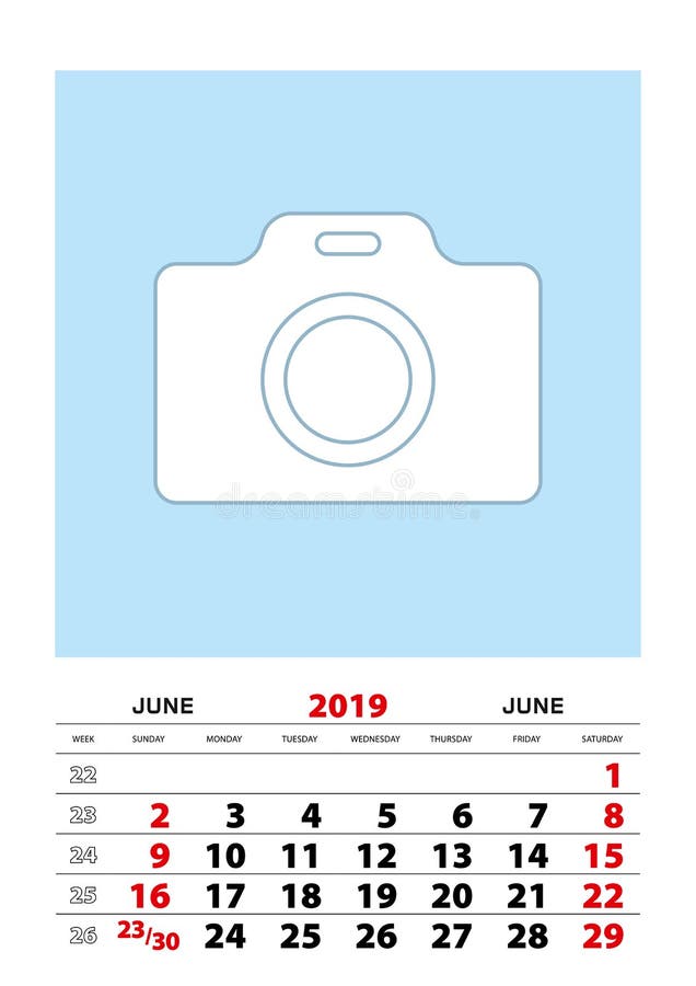 Em junho de 2019 tamanho do planejador A3 do calendário com lugar para sua foto ilustração royalty free Em junho de 2019 tamanho do planejador A3 do calendário com lugar para sua foto ilustração royalty free