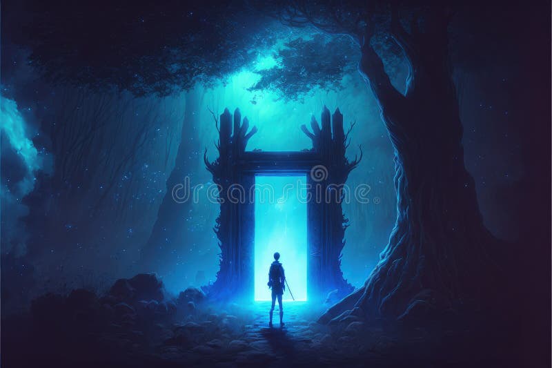 Em meio a uma floresta magnífica, um menino se posiciona diante de um portal mágico emanando uma luz azul deslumbrante criando um ilustração do vetor
