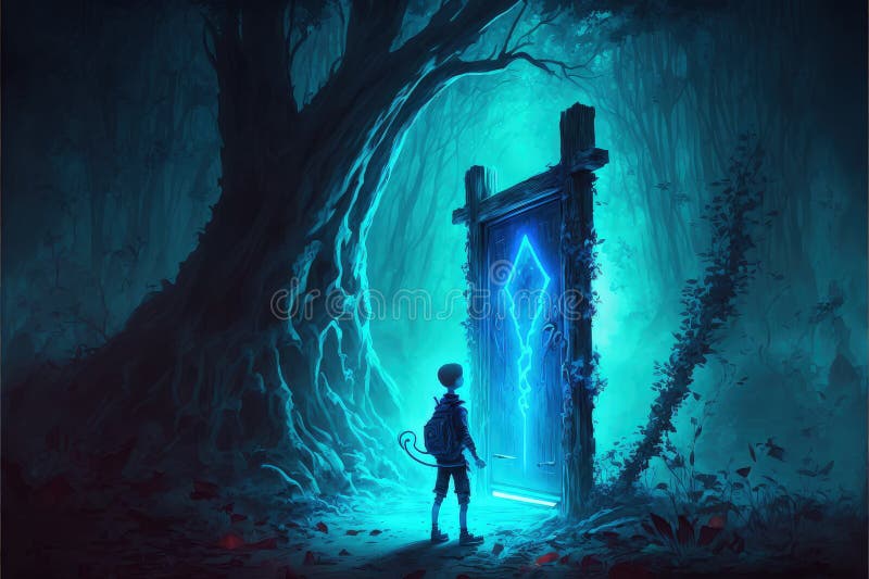 Em meio a uma floresta magnífica, um menino se posiciona diante de um portal mágico emanando uma luz azul deslumbrante criando um ilustração stock
