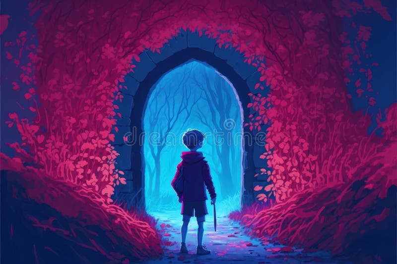 Em meio a uma floresta magnífica, um menino se posiciona diante de um portal mágico emanando uma luz azul deslumbrante criando um ilustração royalty free