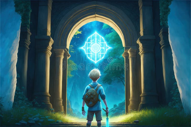 Em meio a uma floresta magnífica, um menino se posiciona diante de um portal mágico emanando uma luz azul deslumbrante criando um ilustração royalty free
