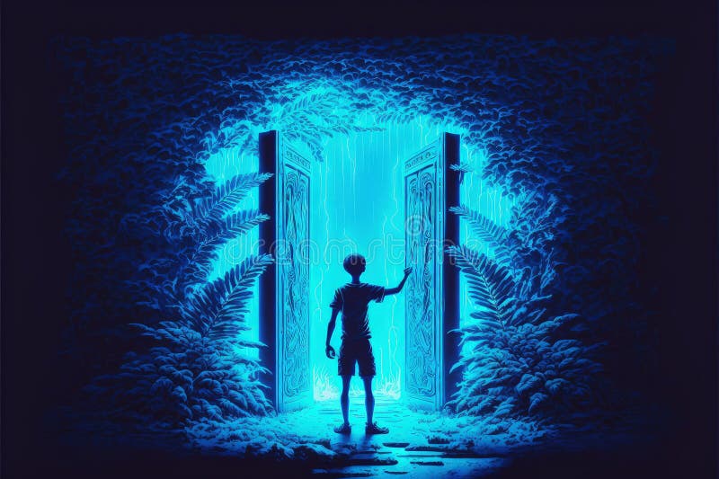Em meio a uma floresta magnífica, um menino se posiciona diante de um portal mágico emanando uma luz azul deslumbrante criando um ilustração royalty free