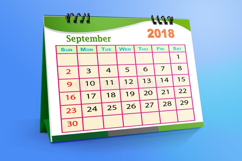 Em setembro de 2018 calendário desktop isolado no fundo colorido ilustração 3D ilustração do vetor Em setembro de 2018 calendário desktop isolado no fundo colorido ilustração 3D ilustração do vetor