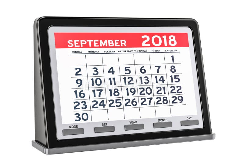 Em setembro de 2018 calendário digital, rendição 3D ilustração royalty free Em setembro de 2018 calendário digital, rendição 3D ilustração royalty free