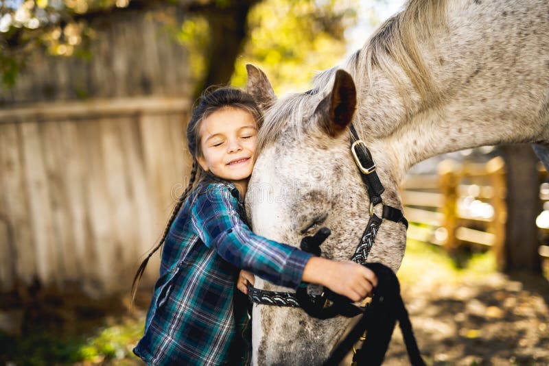 Em uma estação bonita do outono de uma moça e de um cavalo