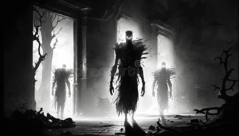 Emaciated ghouls haunt the shadows their forms barely visible. Fantasy art. AI generation