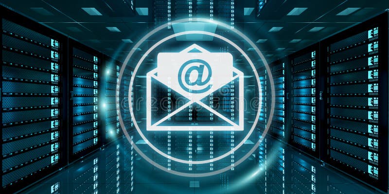 Email che sorvolano la rappresentazione del centro dati 3D della stanza del server illustrazione di stock Email che sorvolano la rappresentazione del centro dati 3D della stanza del server illustrazione di stock
