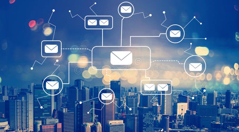 Email concept with aerial view of city skylines royalty free stock images Email concept with aerial view of city skylines royalty free stock images