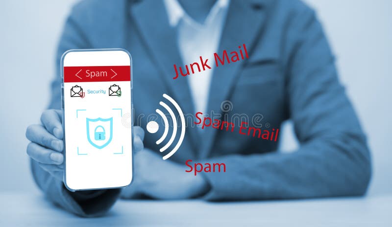 Email concept with laptop spam and virus computer monitor internet security concept,businessman hold mobile phone and protection s