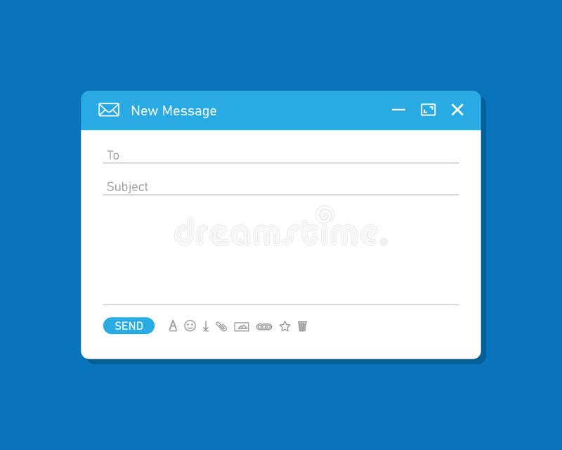 Email interface vector illustration. Message window blank on blue background. Vector EPS 10 vector illustration