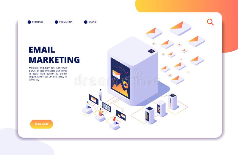 Email marketing isometric concept. Mail automation strategy. Email outbound campaign, message marketing vector landing vector illustration