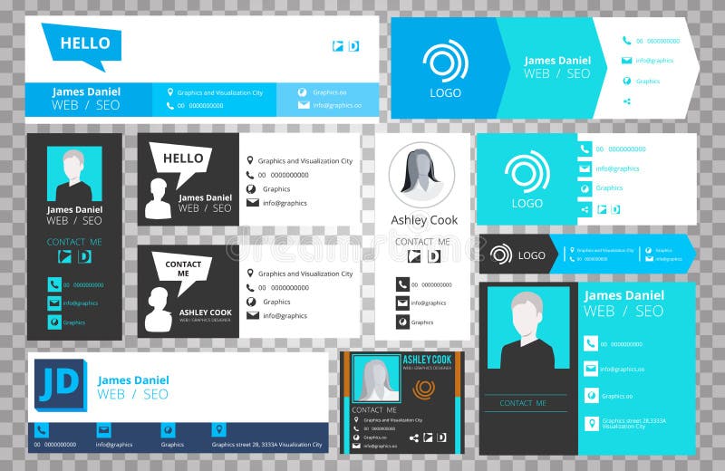 Email signature templates isolated on transparent background. Vector office business visit cards for webmail user