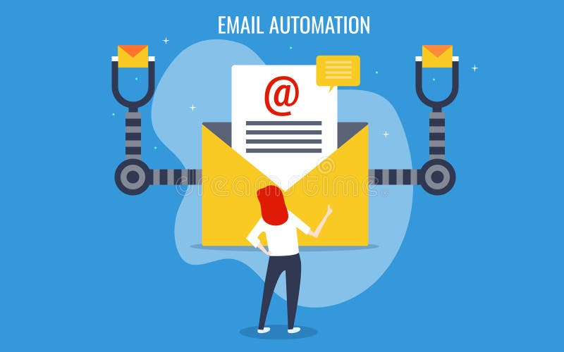 Email som marknadsför automationprogramvara, programvara för marknadsföring för affärskvinna körande Plant designvektorbaner stock illustrationer