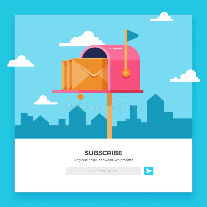 Email subscribe, online newsletter vector template with mailbox and submit button vector illustration
