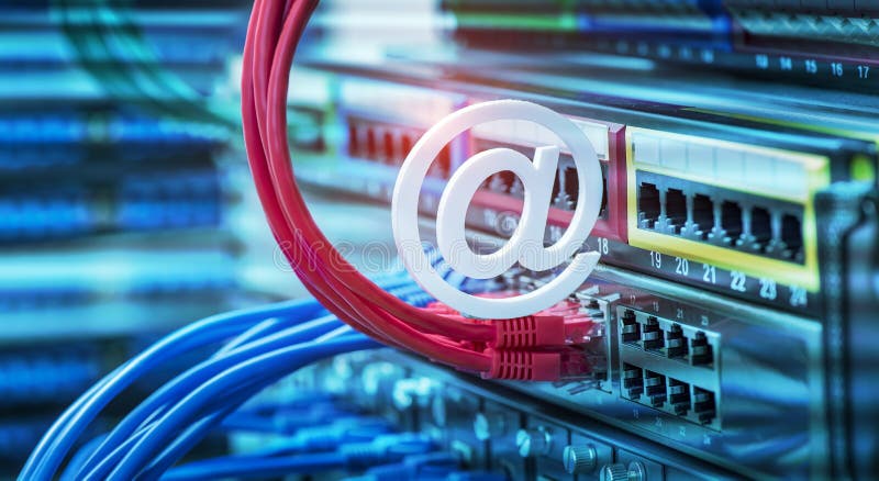 Email symbol on Network switch and ethernet cables royalty free stock photo