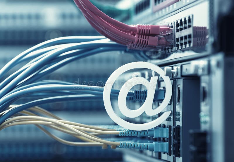 Email symbol on Network switch and ethernet cables royalty free stock photos