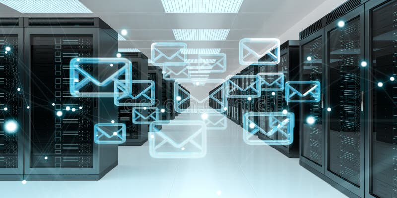 Emails exchange over server room data center 3D rendering stock illustration Emails exchange over server room data center 3D rendering stock illustration