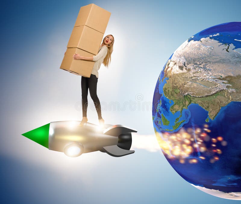 The woman flying jetpack and delivering boxes globally. The woman flying jetpack and delivering boxes globally