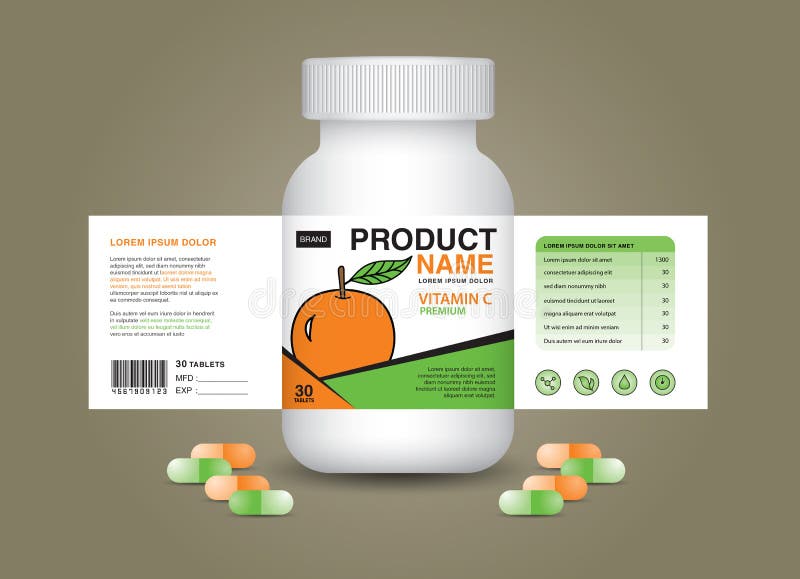 Emballage de bouteille de supplément vitamine c emballage cosmétique. conception produit. étiquette de beauté 3d bouteille de supp illustration stock