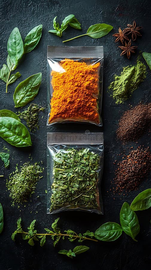 Emballage de poche élégant arrangé avec des herbes fraîches et des épices aromatiques. illustration de vecteur