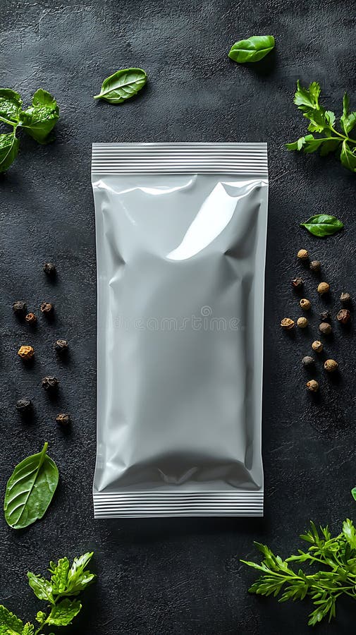 Emballage de poche élégant arrangé avec des herbes fraîches et des épices aromatiques. illustration stock