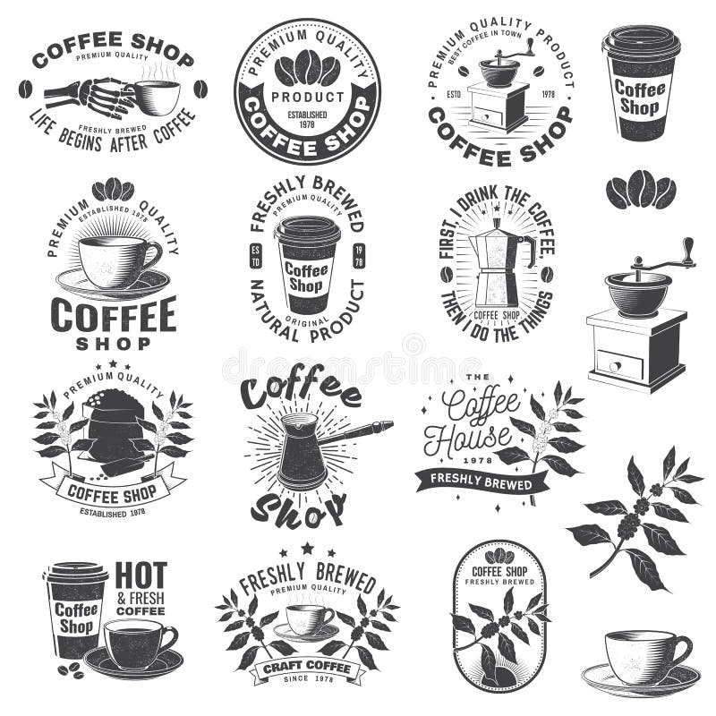 Emballagemall för butikslogotyp. vektortypografi med kaffekopp för papper och kaffeträdets grenrör royaltyfri illustrationer