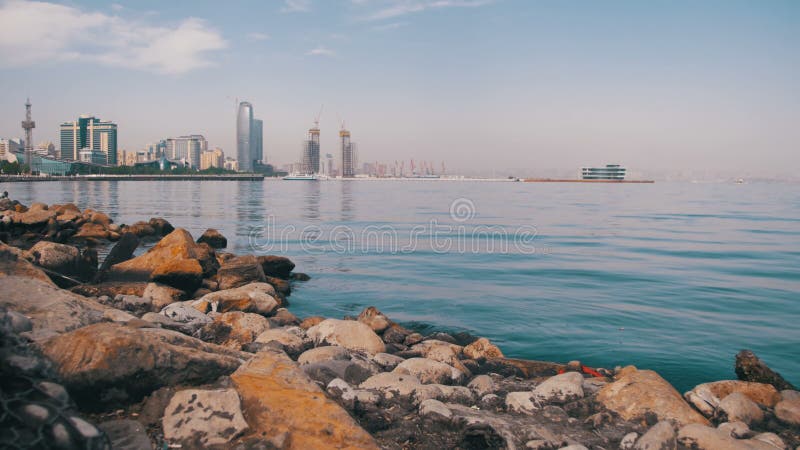 Embankment of Baku, Azerbaijan. The Caspian Sea, Stones and Skyscrapers