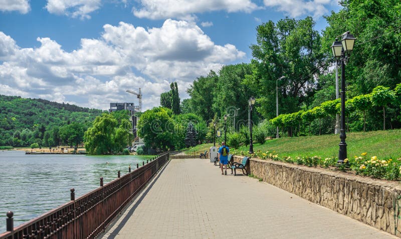 Embankment of Valea Morilor Lake in Chisinau, Moldova, on a sunny summer day. Embankment of Valea Morilor Lake in Chisinau, Moldova, on a sunny summer day