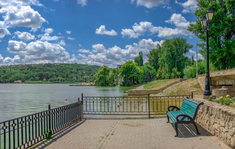 Embankment of Valea Morilor Lake in Chisinau, Moldova, on a sunny summer day. Embankment of Valea Morilor Lake in Chisinau, Moldova, on a sunny summer day