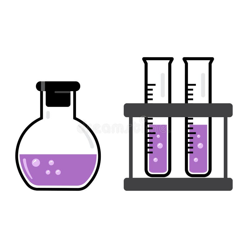 Embarcações e garrafas químicas com um líquido roxo Vetor ilustração stock Embarcações e garrafas químicas com um líquido roxo Vetor ilustração stock