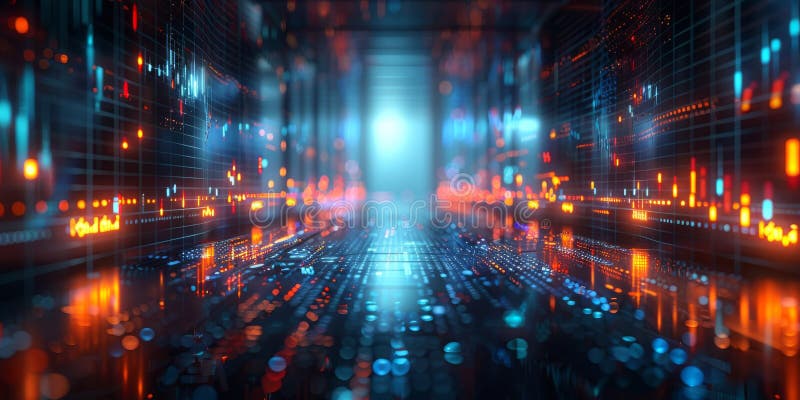 Embark on a journey through the hightech data flow in a surreal cyber universe. Abstract futuristic digital data stream with glowing lights in a cyber world setting, perfect for tech themes. AI generated