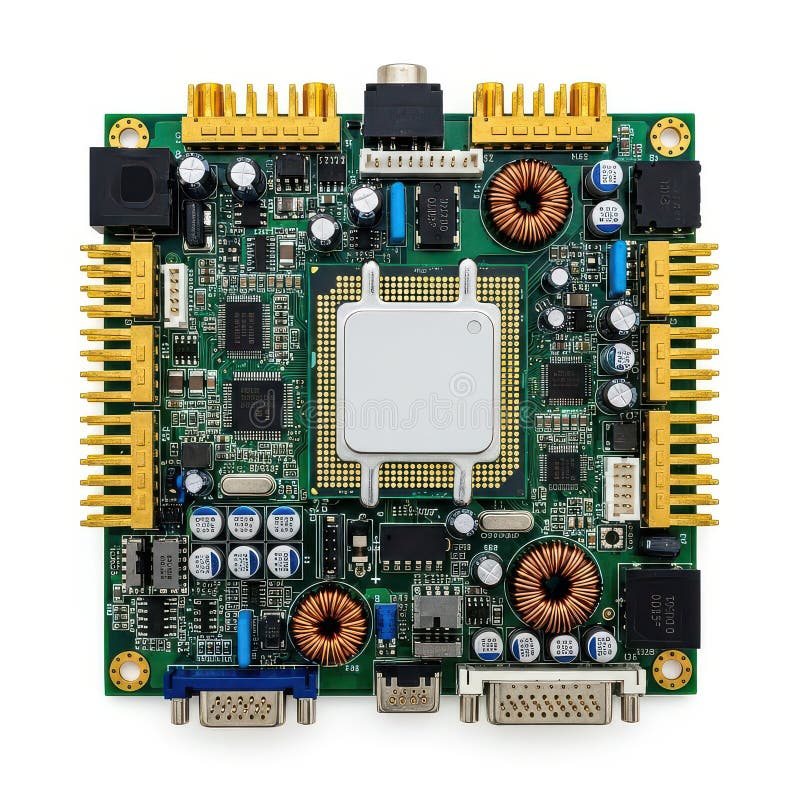 This image shows a compact embedded system development board featuring a central processing unit, multiple gold-pin connectors, and various other components. The board includes several inductors, capacitors, and resistors, along with two VGA ports, a microSD card slot, and a set of headers for additional connectivity. The board appears designed for prototyping and development purposes in embedded. Embedded system illustrations