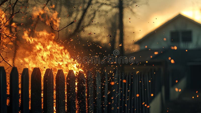 Embers floating in the air as flames rage dangerously close to stock photos