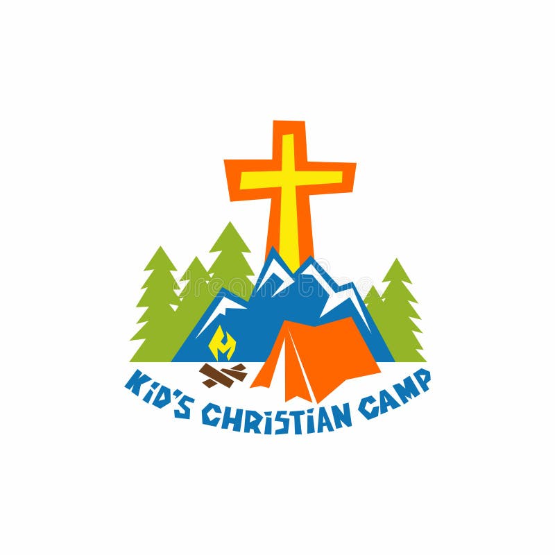 Embleem van jong geitje` s Christelijk kamp Tent en vuur, bergen en kruis stock illustratie Embleem van jong geitje` s Christelijk kamp Tent en vuur, bergen en kruis stock illustratie