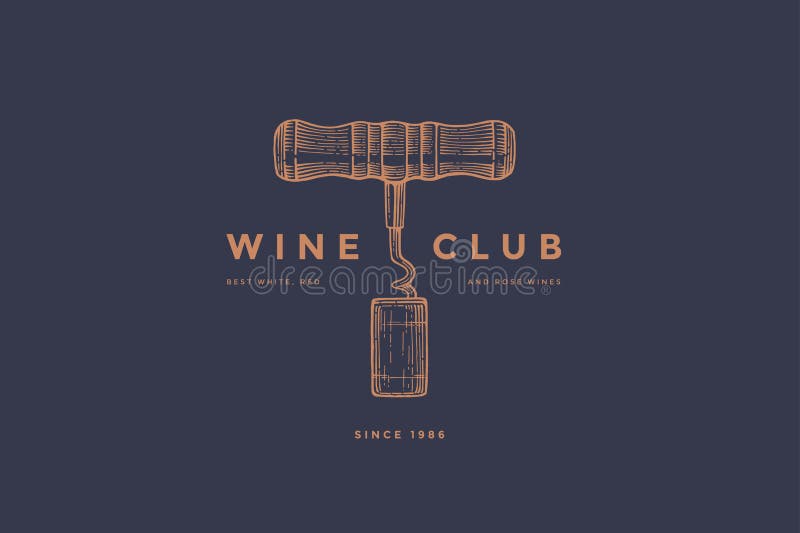 Embleemmalplaatje van wijnclub met beeldkurketrekker en wijncork op donkerblauwe achtergrond