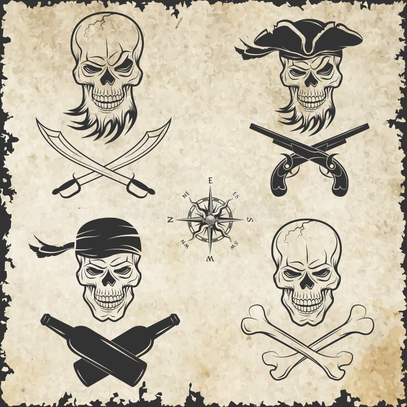 Emblem av skallar på piratkopieratemat stock illustrationer Emblem av skallar på piratkopieratemat stock illustrationer