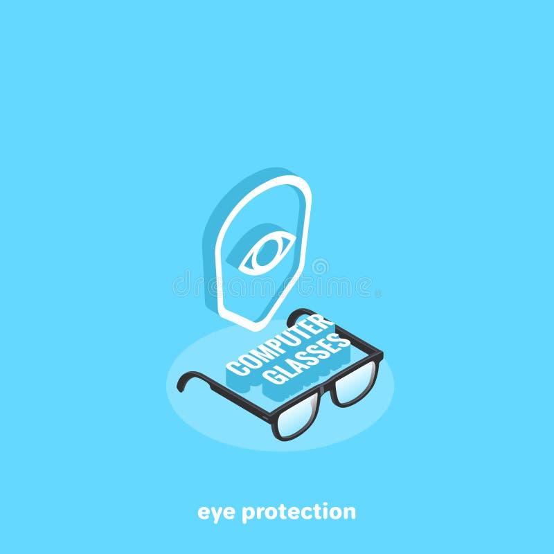 Emblem in the form of a shield with an eye and glasses for working with a computer stock illustration