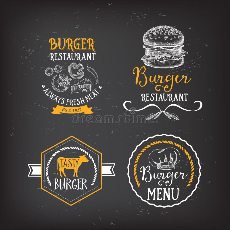 Emblem för hamburgaremenyrestaurang Snabbmatdesignmall royaltyfri illustrationer Emblem för hamburgaremenyrestaurang Snabbmatdesignmall royaltyfri illustrationer