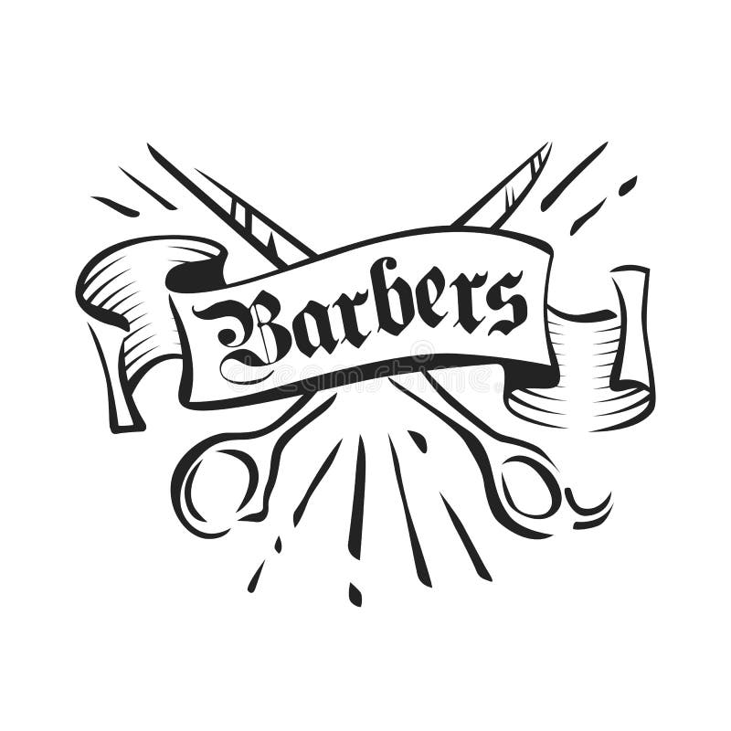 Emblem för tappningbarberarevektor, emblem, tecken, klistermärkeorientering Sax och bandfärgpulverillustration stock illustrationer Emblem för tappningbarberarevektor, emblem, tecken, klistermärkeorientering Sax och bandfärgpulverillustration stock illustrationer