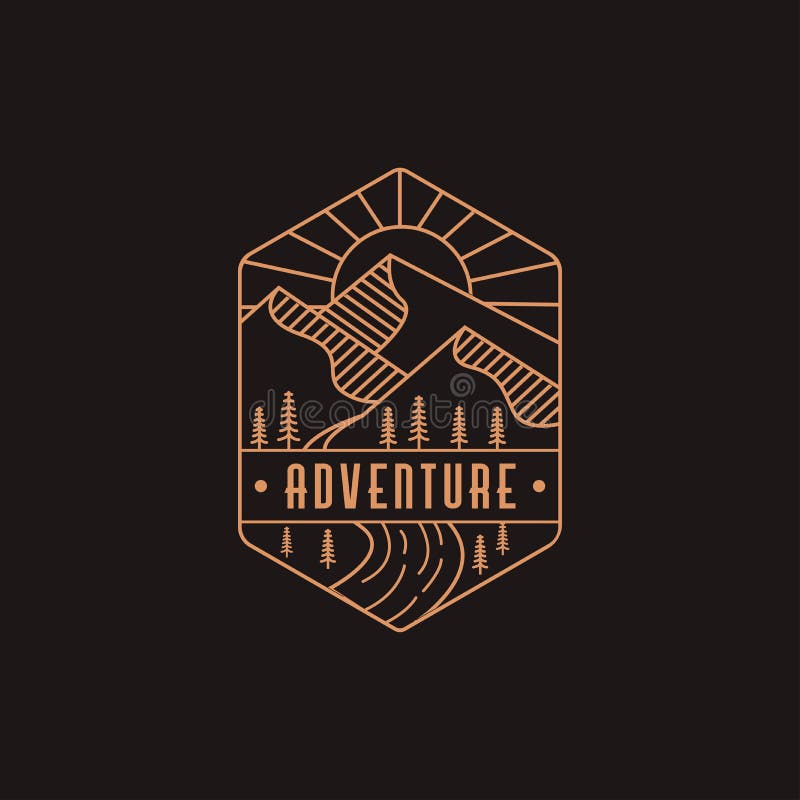 Emblem mountain and river landscape adventure logo icon with line art style on dark background