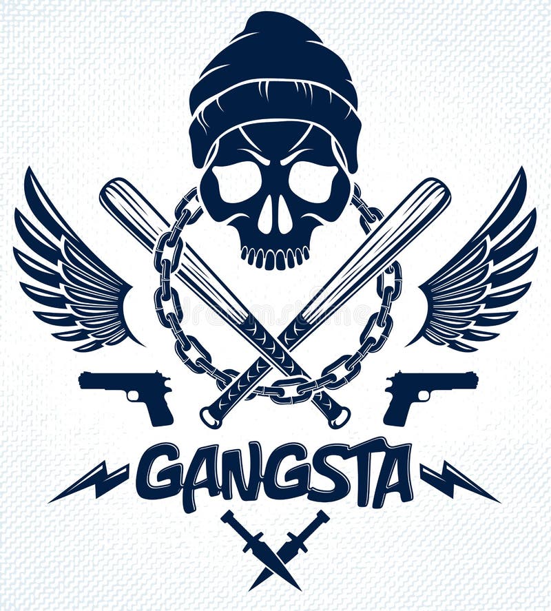 Emblema brutal ou logotipo do gângster com os bastões de beisebol agressivos do crânio e as outras armas e elementos do projeto