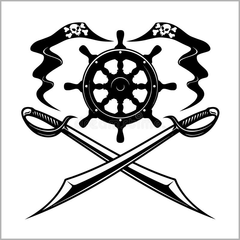 Pirates emblem - steering wheel and crossed swords or sabers. Black flag for entertainment party decor. Pirates emblem - steering wheel and crossed swords or sabers. Black flag for entertainment party decor