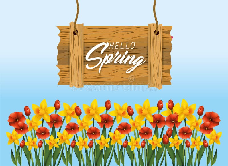 Emblema de madera de la primavera con las plantas exóticas de las flores ilustración del vector Emblema de madera de la primavera con las plantas exóticas de las flores ilustración del vector