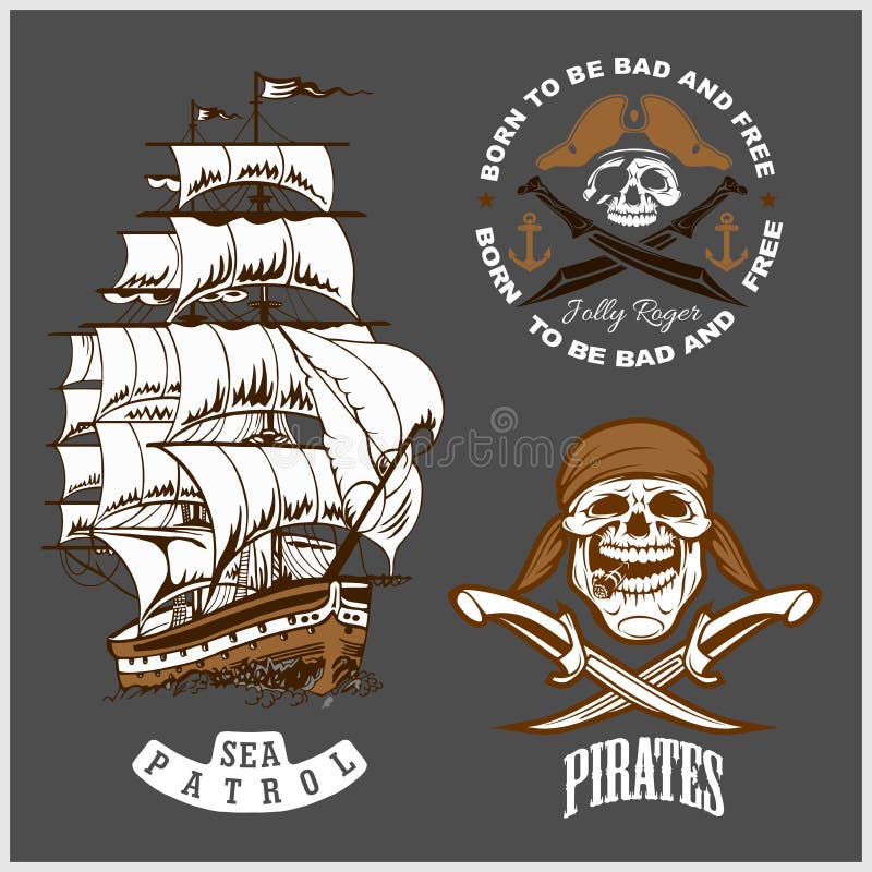 Emblema del mar - barco pirata y Rogelio alegre ilustración del vector Emblema del mar - barco pirata y Rogelio alegre ilustración del vector