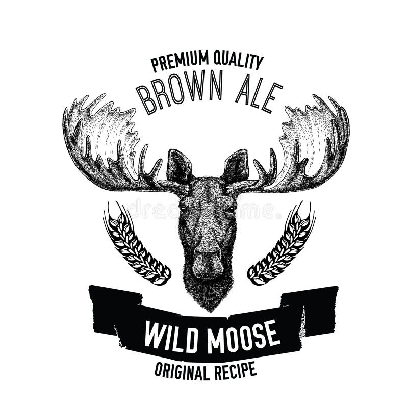 Emblema dibujado mano de la cerveza con los alces salvajes stock de ilustración Emblema dibujado mano de la cerveza con los alces salvajes stock de ilustración