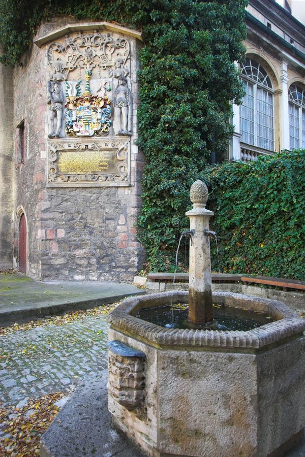 Emblema en la pared y la fuente