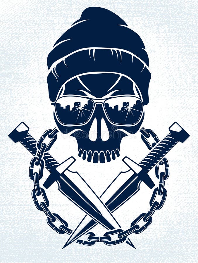 Emblema ou logotipo agressivo de Anarquia e Caos com crânio malhado, tatuagem de vintagem vetorial, criminoso de gangster rebelde
