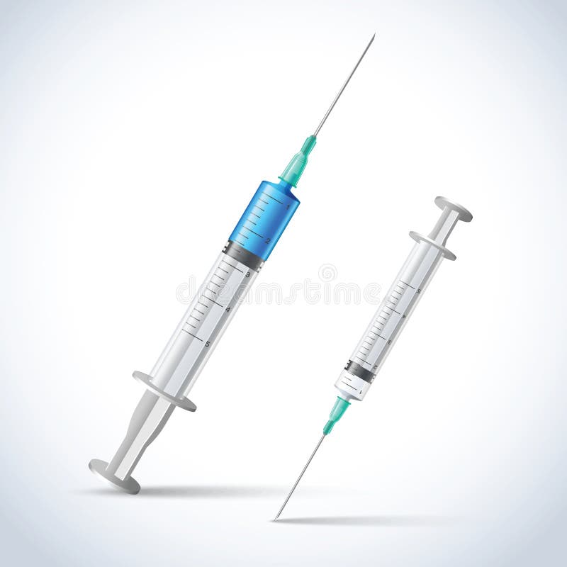 Realistic injection vaccine syringes medicine health care emblem vector illustration. Realistic injection vaccine syringes medicine health care emblem vector illustration
